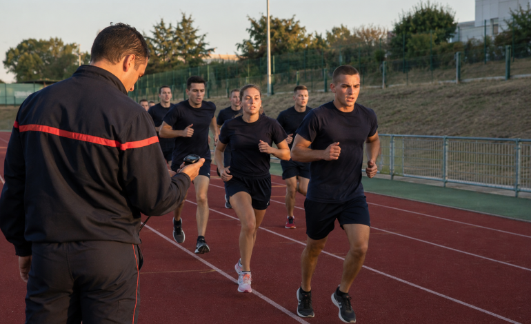Un groupe de personnes en tenue de sport court sur une piste, tandis qu'au premier plan, un entraîneur ou un moniteur chronomètre leurs temps à l'aide d'un chronomètre. On aperçoit des arbres et une clôture à l'arrière-plan. Devenir Pompier