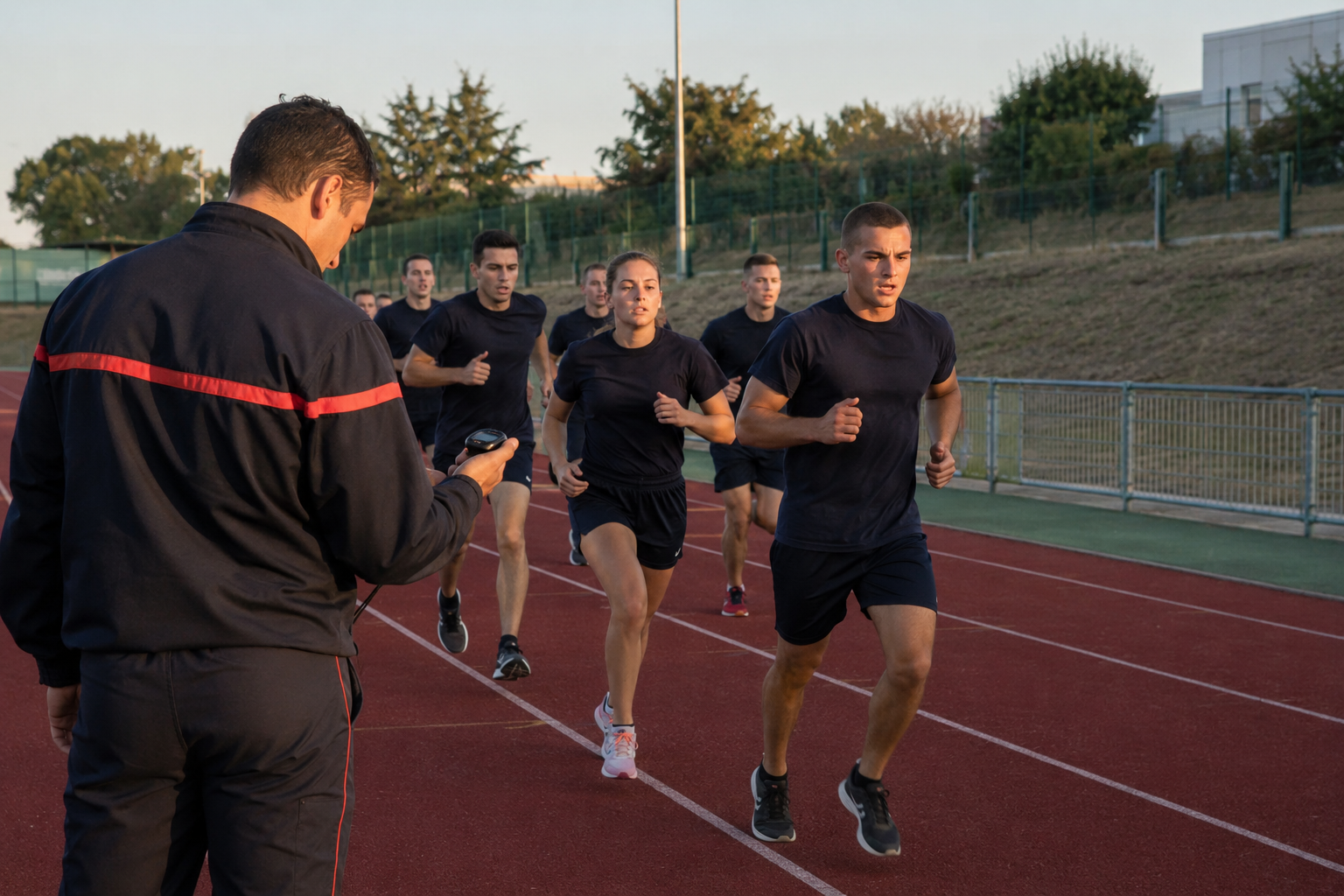 Un groupe de personnes en tenue de sport court sur une piste, tandis qu'au premier plan, un entraîneur ou un moniteur chronomètre leurs temps à l'aide d'un chronomètre. On aperçoit des arbres et une clôture à l'arrière-plan. Devenir Pompier