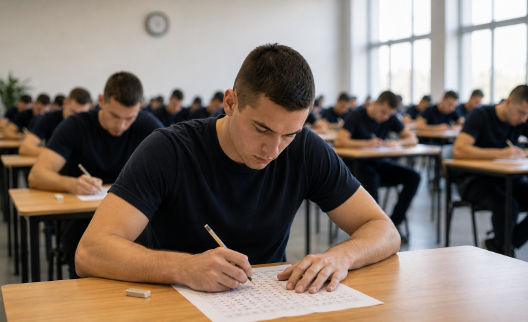 Un groupe de jeunes adultes vêtus de t-shirts sombres identiques est assis à des pupitres dans une salle de classe, concentré sur le remplissage de formulaires ou la réalisation d'un examen. La pièce est bien éclairée, dotée de grandes fenêtres et d'une horloge accrochée au mur. Devenir Pompier