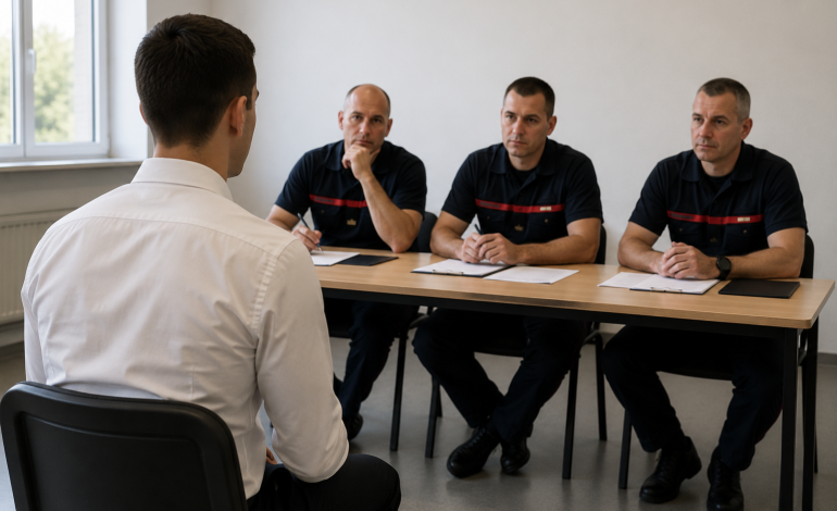 Un homme en chemise blanche est assis face à trois hommes en uniformes sombres, assis eux-mêmes à une table avec des blocs-notes et des papiers ; ils semblent mener un entretien dans une pièce lumineuse et sobre. Devenir Pompier