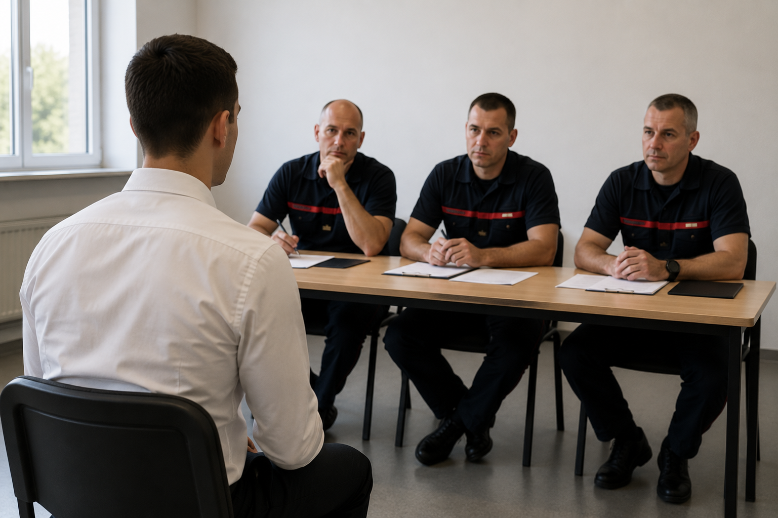 Un homme en chemise blanche est assis face à trois hommes en uniformes sombres, assis eux-mêmes à une table avec des blocs-notes et des papiers ; ils semblent mener un entretien dans une pièce lumineuse et sobre. Devenir Pompier