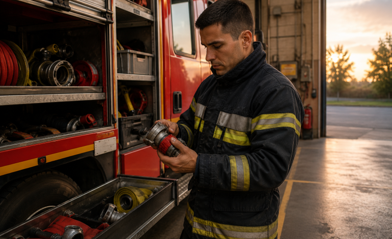 Un pompier en uniforme inspecte son équipement à côté d'un camion de pompiers ouvert dans une caserne, au lever du soleil ; on aperçoit des lances et des outils dans les compartiments de rangement. Devenir Pompier