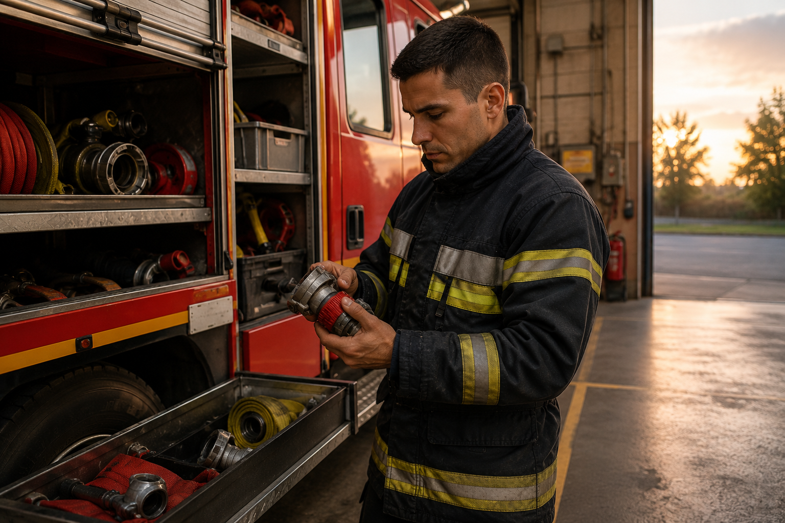 Un pompier en uniforme inspecte son équipement à côté d'un camion de pompiers ouvert dans une caserne, au lever du soleil ; on aperçoit des lances et des outils dans les compartiments de rangement. Devenir Pompier
