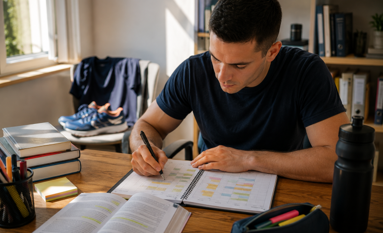 Un homme est assis à un bureau près d'une fenêtre, en train d'écrire dans un agenda où certaines notes sont surlignées. Des livres ouverts, une bouteille d'eau et des articles de papeterie se trouvent sur le bureau. On aperçoit des étagères, des chaussures et la lumière du soleil en arrière-plan. Devenir Pompier