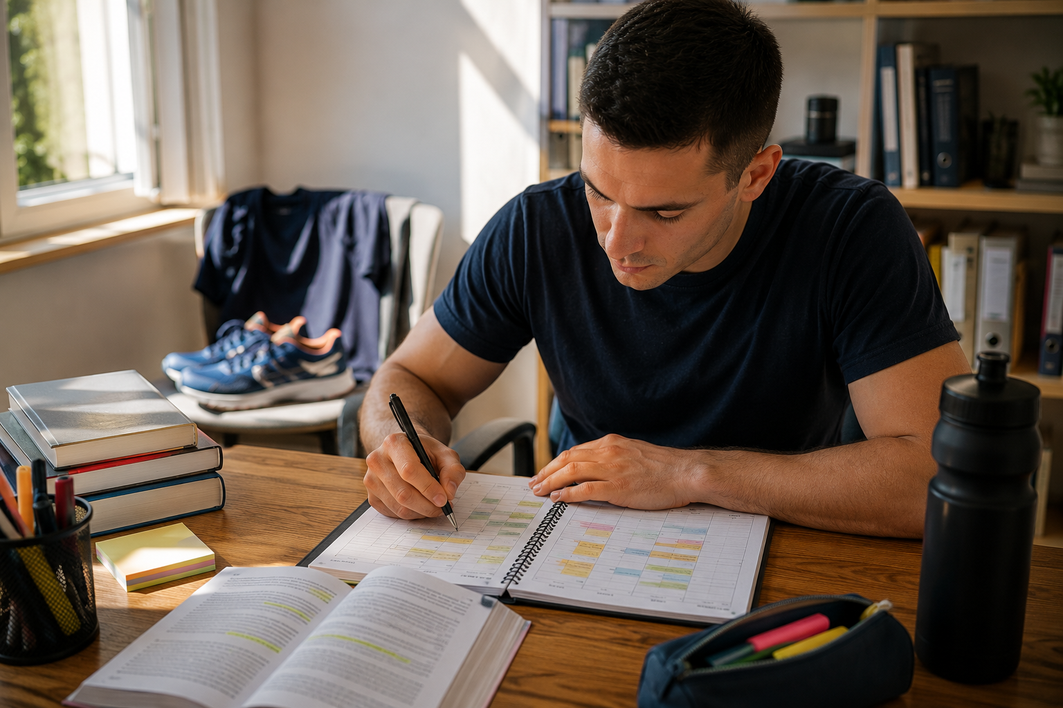 Un homme est assis à un bureau près d'une fenêtre, en train d'écrire dans un agenda où certaines notes sont surlignées. Des livres ouverts, une bouteille d'eau et des articles de papeterie se trouvent sur le bureau. On aperçoit des étagères, des chaussures et la lumière du soleil en arrière-plan. Devenir Pompier