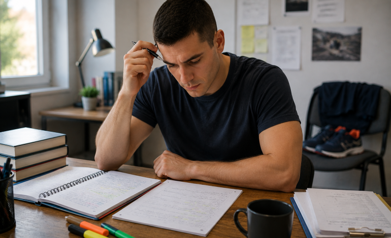 Un jeune homme est assis à un bureau, le regard pensif posé sur des feuilles et des notes. Un stylo appuyé contre sa tempe, il est entouré de livres, d'une tasse de café, de surligneurs et de supports de cours bien rangés, dans une pièce bien éclairée. Devenir Pompier