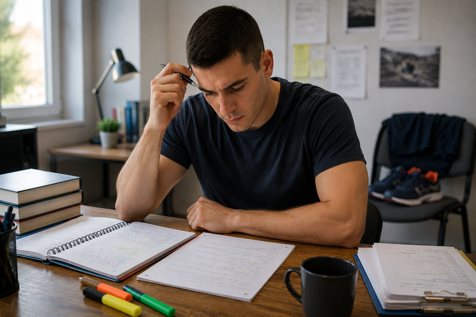 Un jeune homme est assis à un bureau, le regard pensif posé sur des feuilles et des notes. Un stylo appuyé contre sa tempe, il est entouré de livres, d'une tasse de café, de surligneurs et de supports de cours bien rangés, dans une pièce bien éclairée. Devenir Pompier